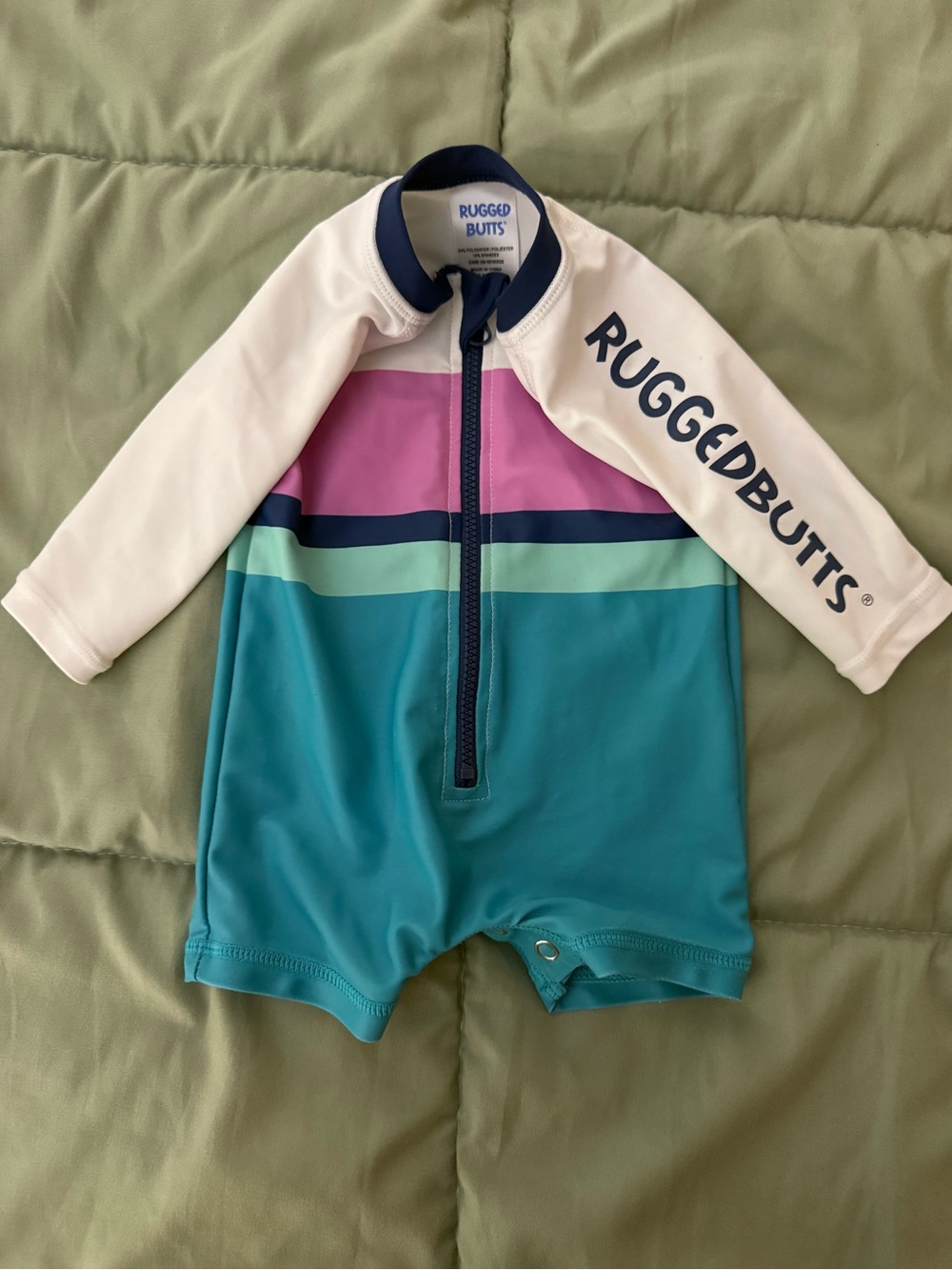 RuggedButts Teal & Pink Long-Sleeve Kids One-Piece Swimsuit
